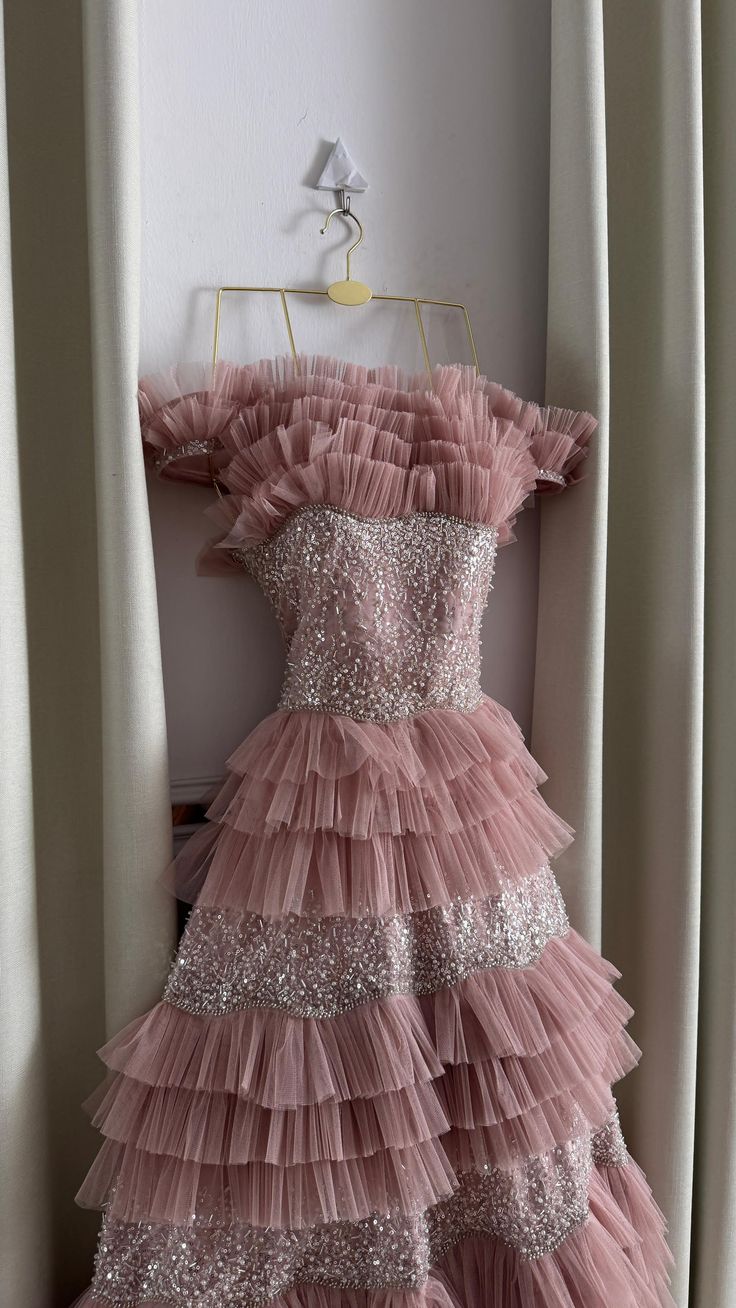 Chic A Line Strapless Tiered Tulle Sequin Beaded Without Sleeves Long Prom Dress, Evening Dress C6484