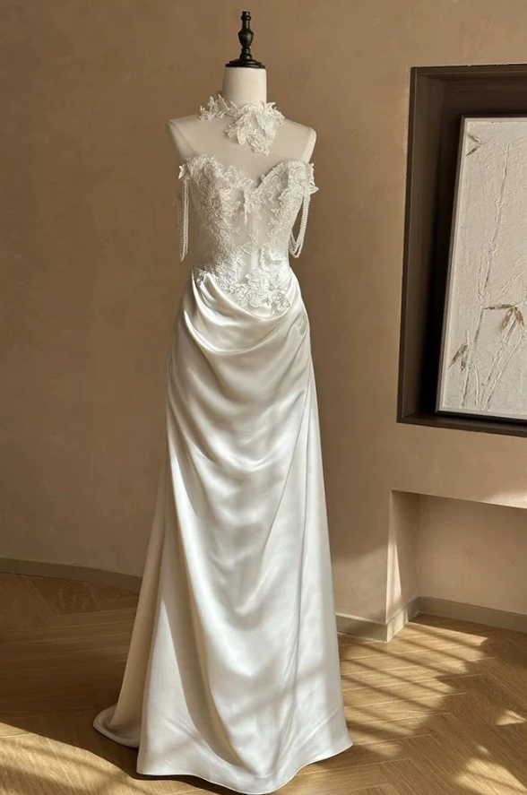 Pretty Mermaid Sweetheart Satin Lace Without Sleeves Long Prom Dress, Evening Dress C6507