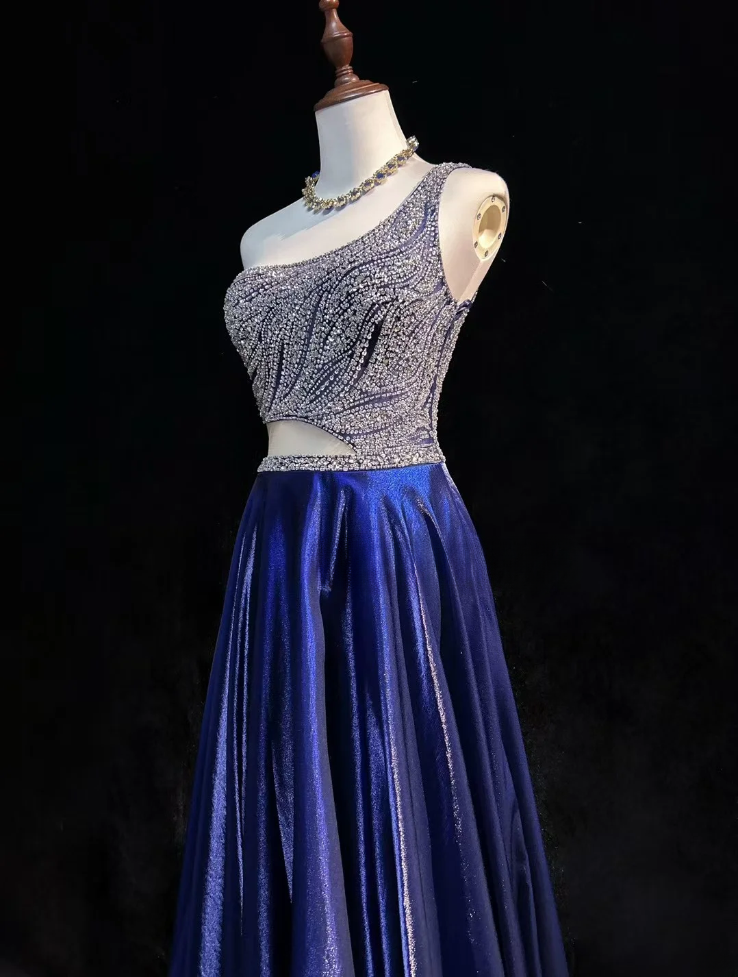 Obsessed A Line One Shoulder Satin Beaded Without Sleeves Long Prom Dress, Evening Dress C6538