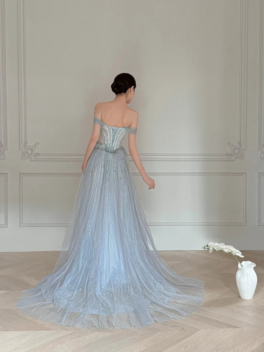 Obsessed A Line Off The Shoulder Tulle Beaded Without Sleeves Long Prom Dress, Evening Dress C6545