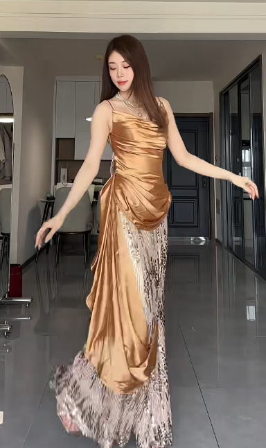 Chic Mermaid Spaghetti Straps Pleated Satin Sequin Without Sleeves Long Prom Dress, Evening Dress C6547