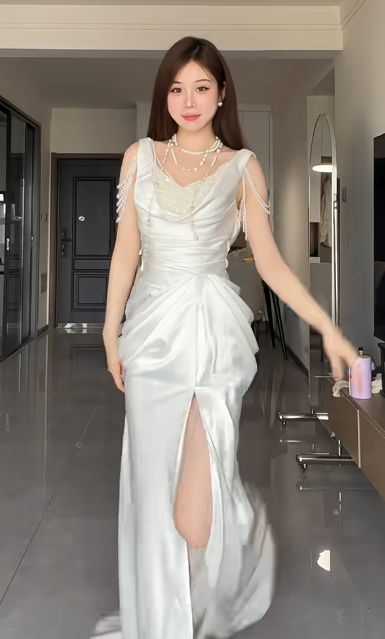 Elegant White Mermaid Satin Beaded Slit Without Sleeves Long Prom Dress, Evening Dress C6548