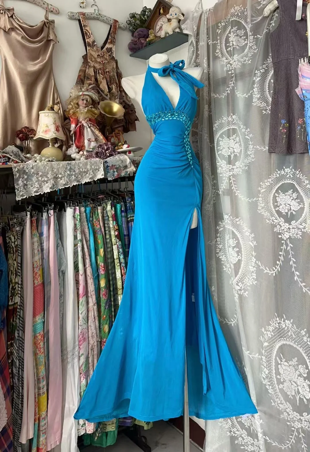 Sexy Blue Mermaid Halter Chiffon Beaded Slit Without Sleeves Long Prom Dress, Evening Dress C6551