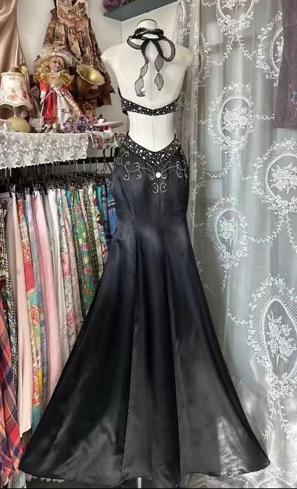 Gorgeous Mermaid Halter Black Satin Beaded Backless Without Sleeves Long Prom Dress, Evening Dress C6557