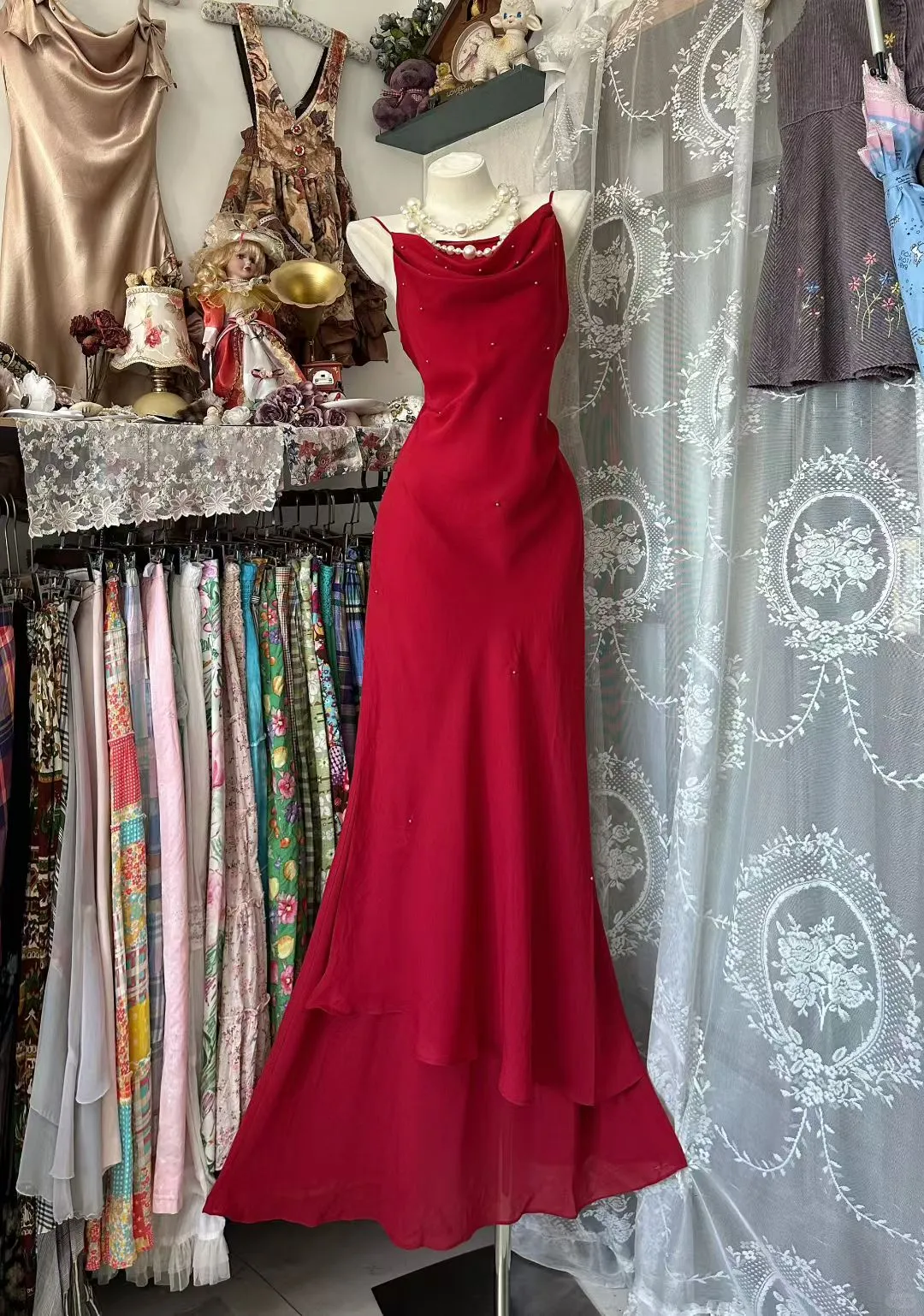 Charming Mermaid Red Spaghetti Straps Chiffon Beaded Without Sleeves Long Prom Dress, Evening Dress C6559