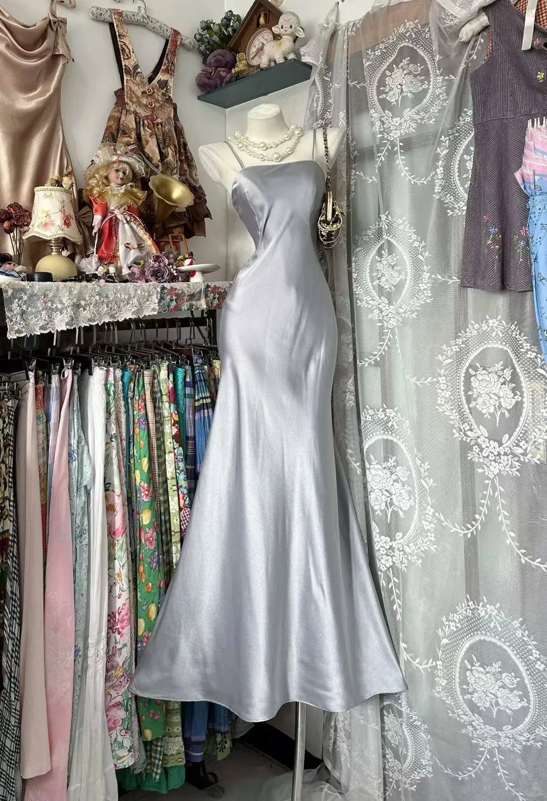 Gray Simple Mermaid Spaghetti Straps Satin Without Sleeves Long Prom Dress, Evening Dress C6560