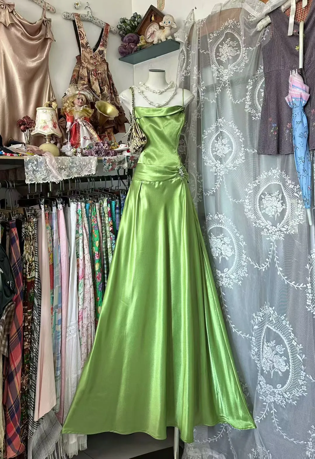 Chic Green A Line Spaghetti Straps Satin Without Sleeves Long Prom Dress, Evening Dress C6565