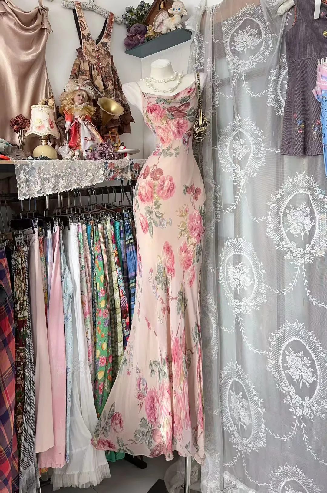 Unique Mermaid Spaghetti Straps Printed Floral Chiffon Without Sleeves Long Prom Dress, Evening Dress C6566