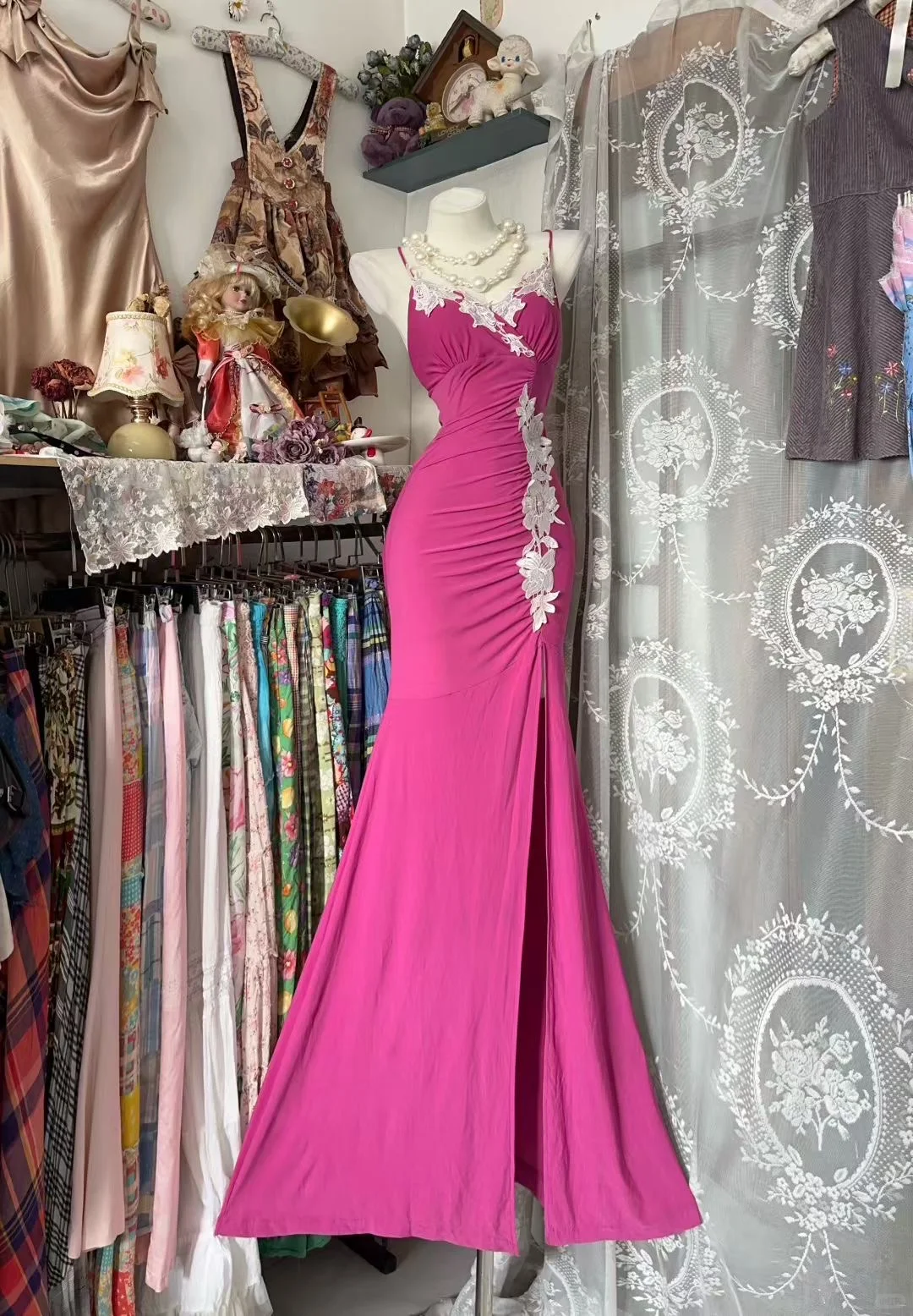Hot Pink Mermaid Spaghetti Straps Satin Applique Slit Without Sleeves Long Prom Dress, Evening Dress C6570
