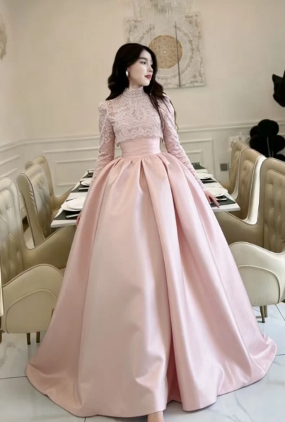 Pink Formal A Line Lace High Neck Satin Long Sleeves Long Prom Dress, Evening Dress C6587