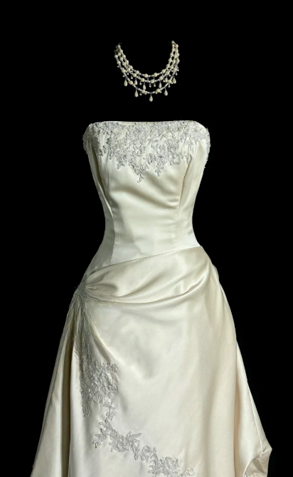 Pretty A Line Strapless Satin Lace Without Sleeves Long Prom Dress, Evening Dress C6620