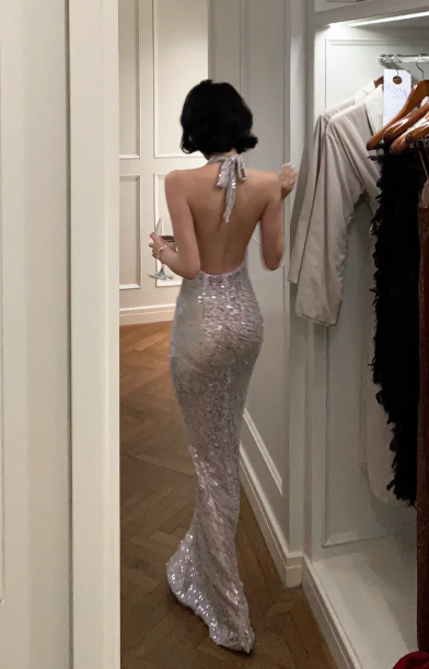 Sparkly Mermaid Halter Sequin Backless Without Sleeves Long Prom Dress, Evening Dress C6669