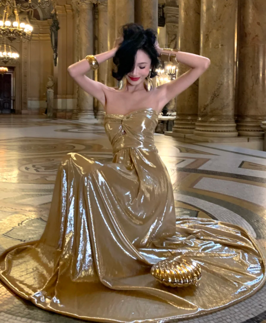 Gold A Line Strapless Satin Without Sleeves Long Prom Dress, Evening Dress C6671