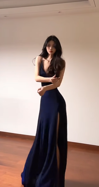 Sexy A Line Navy Blue Spaghetti Straps Satin Slit Without Sleeves Long Prom Dress, Evening Dress C6684