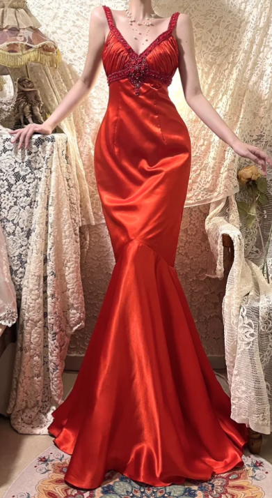 Classy Mermaid Red V Neck Satin Beaded Without Sleeves Long Prom Dress, Evening Dress C6688