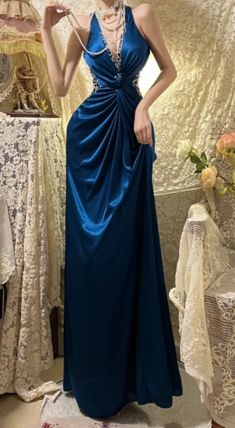 Elegant Mermaid V Neck Satin Sequin Without Sleeves Long Prom Dress, Evening Dress C6689