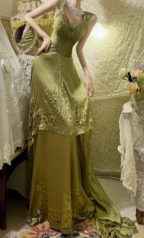 Chic A Line V Neck Satin Hollow Without Sleeves Long Prom Dress, Evening Dress C6690