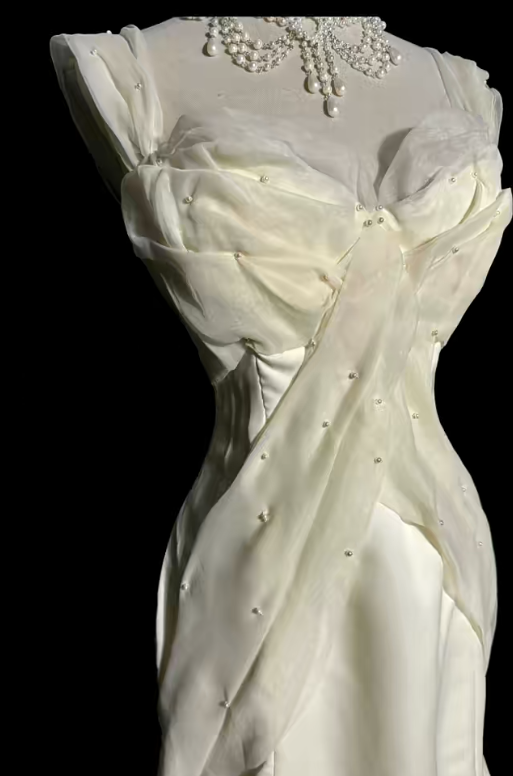 Chic Mermaid Ivory Spaghetti Straps Satin Chiffon Beaded Without Sleeves Long Prom Dress, Evening Dress C6692