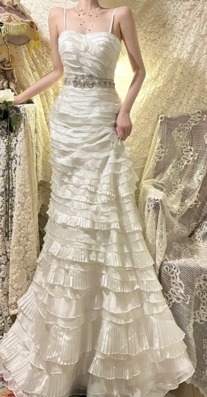 Chic Mermaid Spaghetti Straps Tiered Satin Beaded Without Sleeves Long Prom Dress, Evening Dress C6709