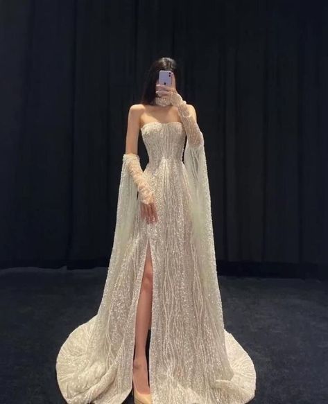 Modest A line Strapless Sequin Slit Long Prom Dress C671