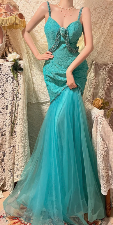 Chic Mermaid Spaghetti Straps Tulle Lace Beaded Without Sleeves Long Prom Dress, Evening Dress C6717