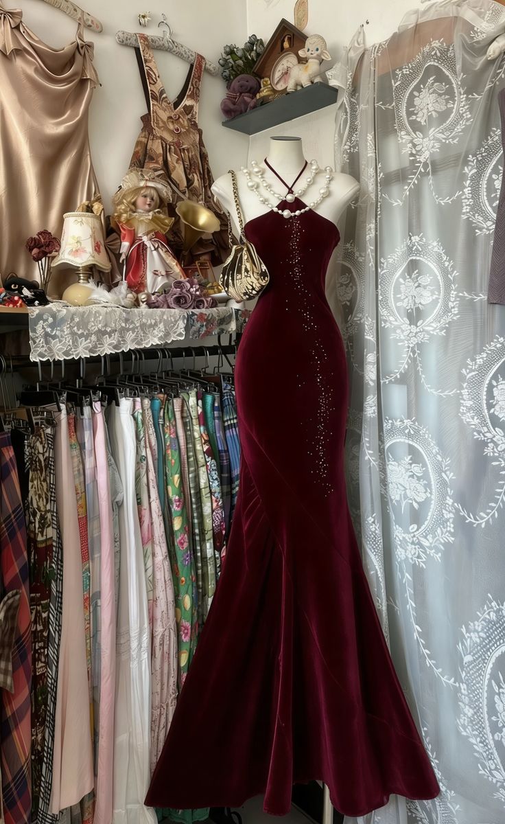 Robe de bal longue sirène sexy dos nu en velours bordeaux ornée de perles, robe de soirée C6726