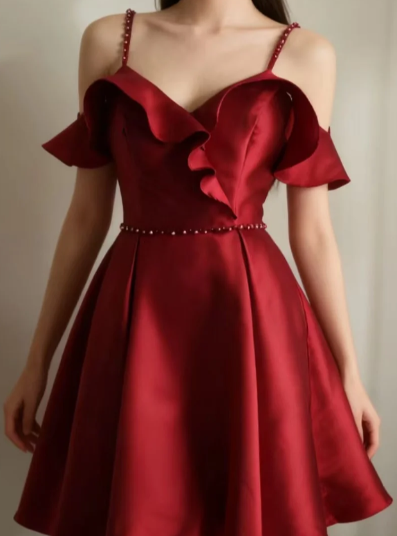 Pretty Burgundy A Line Spaghetti Straps Satin Short Homecoming Dress 19th Birthday Outfits C6739