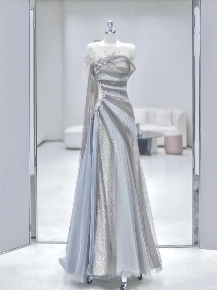 Robe de bal longue bustier en tulle à sequins, coupe trapèze, référence C6753