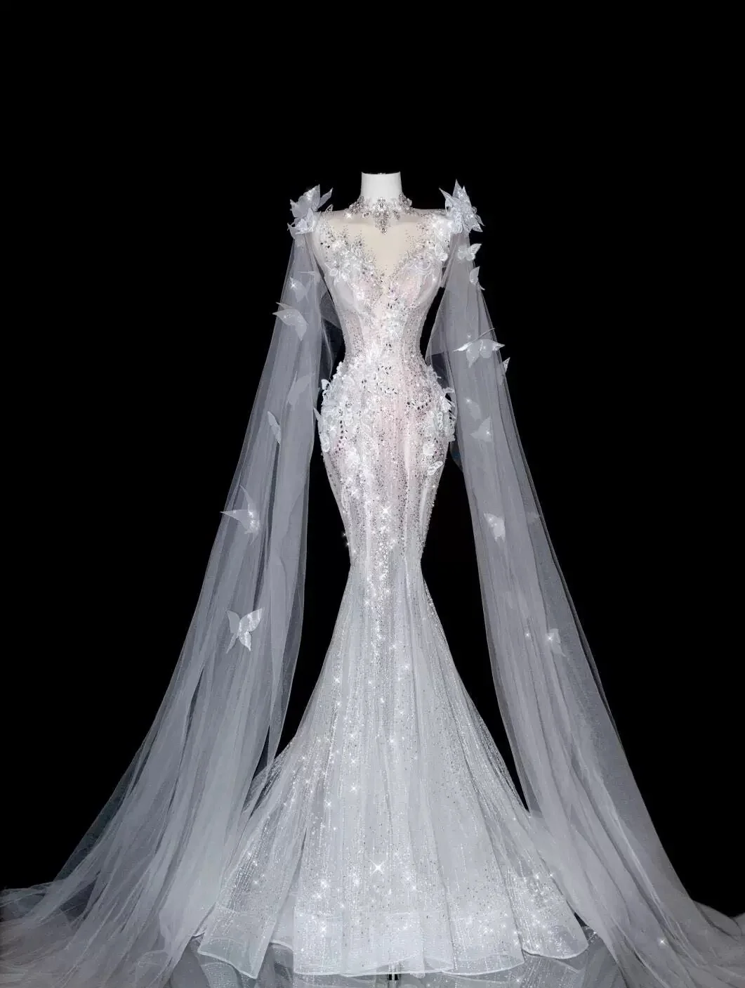 Robe de bal longue sirène en tulle blanc à sequins et perles, robe de soirée C6754