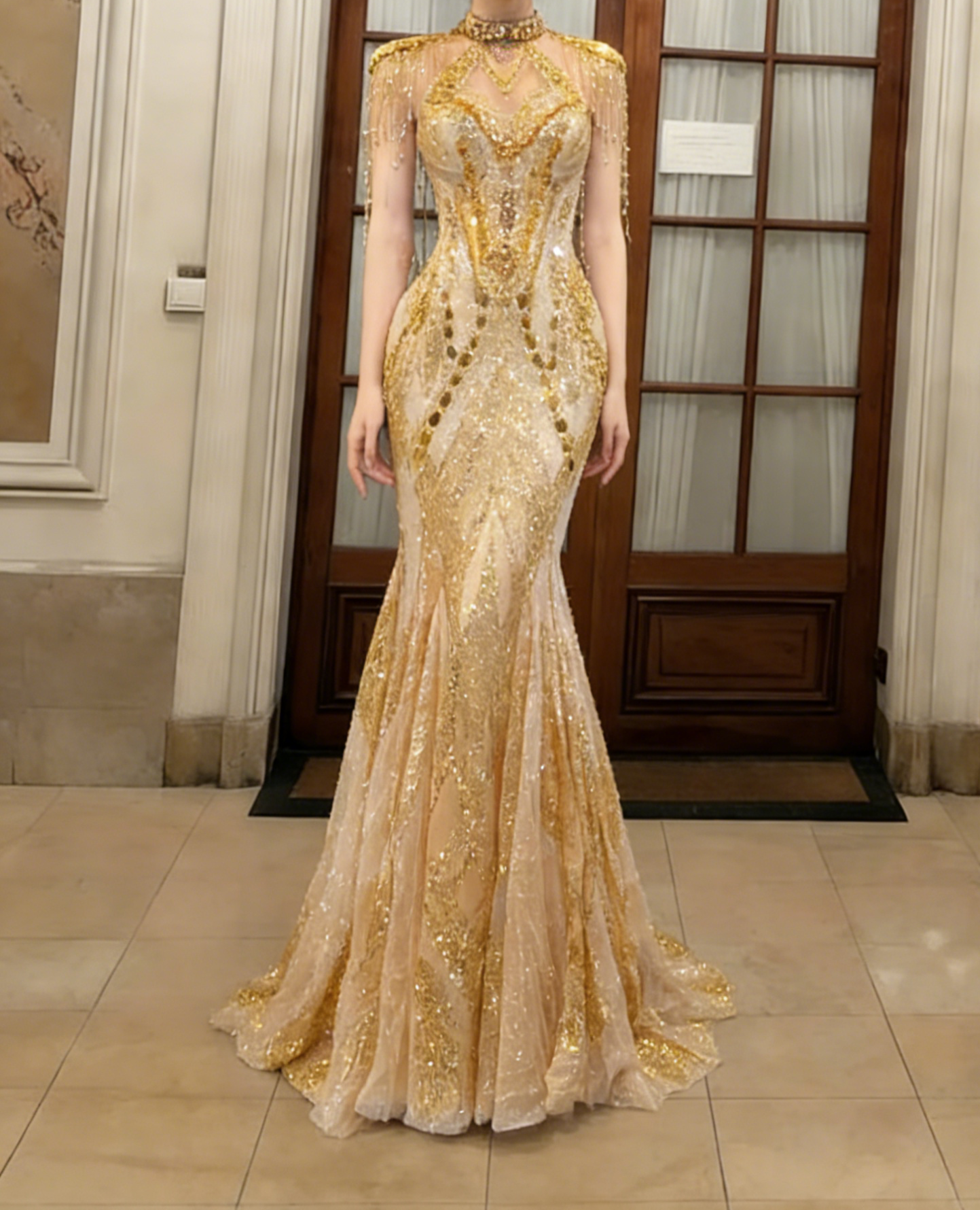 Obsessed Gold Mermaid Halter Tulle Sequin Long Prom Dress, Evening Dress C6774