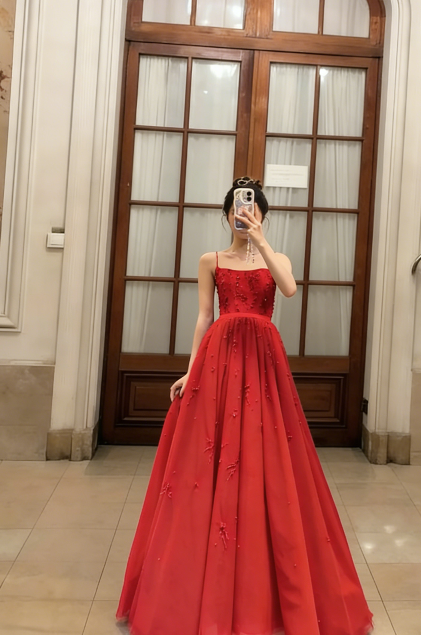 Red A Line Spaghetti Straps Satin Long Prom Dress, Evening Dress C6783