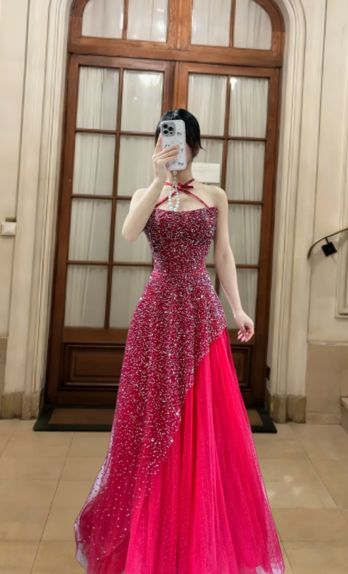 Robe de bal longue en tulle brillant à sequins et col halter, coupe trapèze, référence C6813