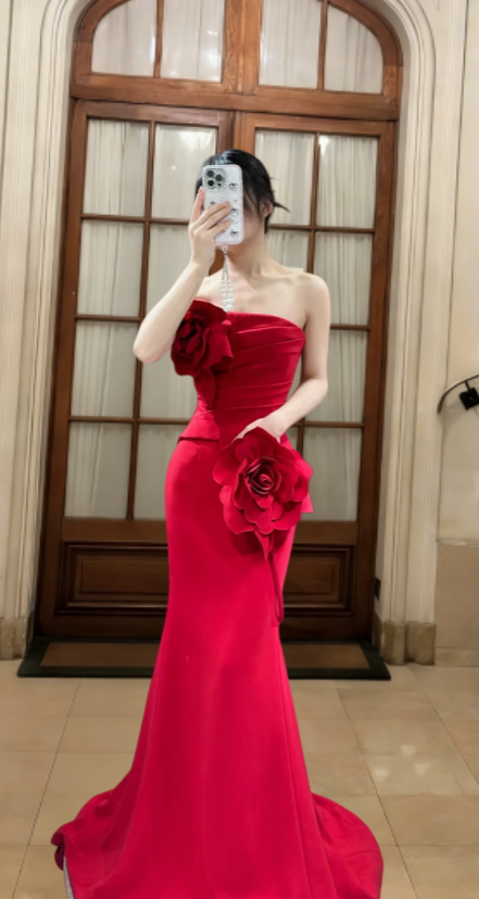 Unique Mermaid Strapless Satin Flowers Long Prom Dress, Evening Dress C6819
