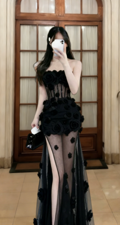 Sexy Black Mermaid Strapless Tulle Applique Long Prom Dress, Evening Dress C6830