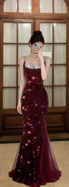 Robe de bal longue sirène bordeaux brillante à fines bretelles en tulle et sequins, robe de soirée C6840