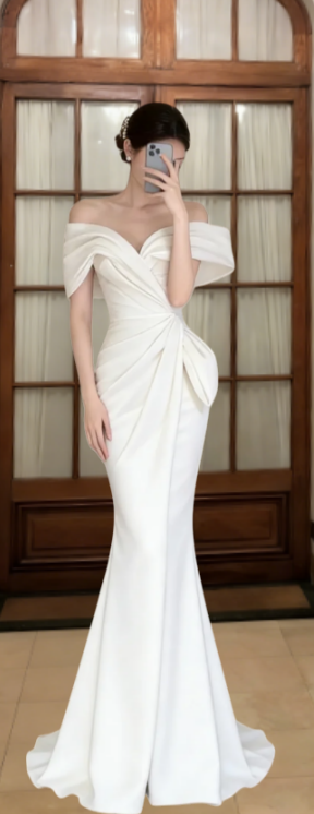 Robe de bal longue sirène élégante en satin à épaules dénudées, robe de soirée C6844