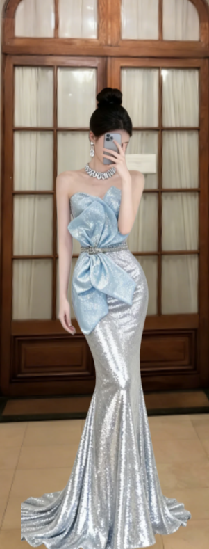 Magnifique robe de bal longue sirène bustier en satin à sequins, robe de soirée C6850