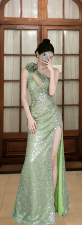 Robe de bal longue sirène brillante à une épaule et fente à sequins, robe de soirée C6853