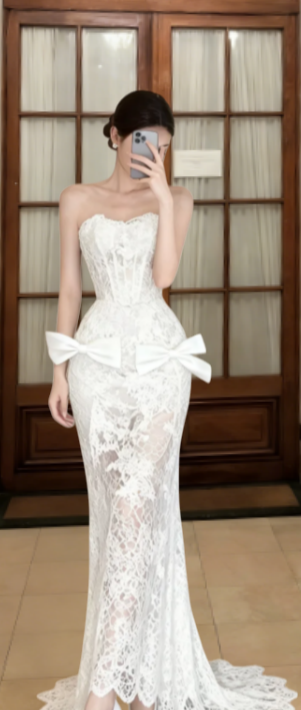 Robe de bal longue sirène élégante en dentelle sans bretelles, robe de soirée C6856