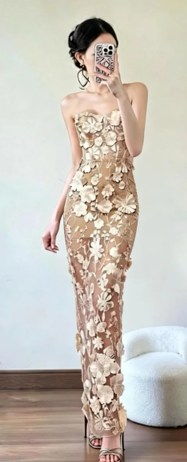 Gorgeous Mermaid Strapless Satin Applique Long Prom Dress, Evening Dress C6867