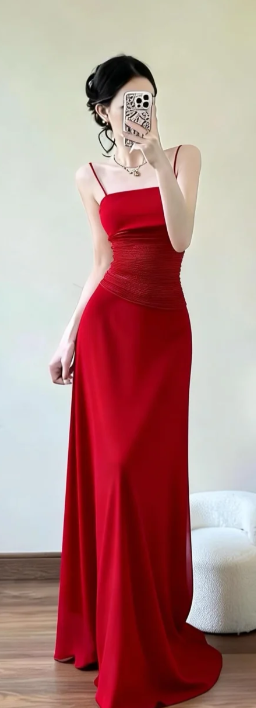 Charming A Line Spaghetti Straps Red Satin Long Prom Dress, Evening Dress C6869