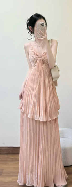 Classy A Line Spaghetti Straps Pleated Chiffon Long Prom Dress, Evening Dress C6874