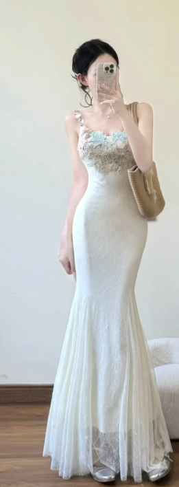 Classy Mermaid Spaghetti Straps Lace Applique Long Prom Dress, Evening Dress C6875