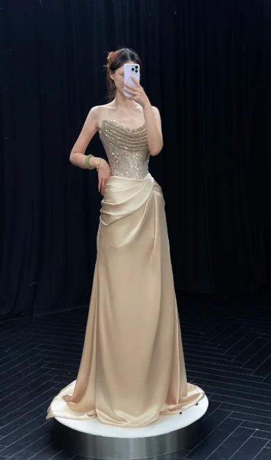 Gorgeous A Line Strapless Satin Sequin Long Prom Dress, Evening Dress C6879