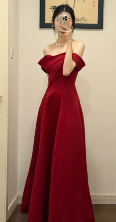 Elegant A Line Burgundy Off The Shoulder Satin Long Prom Dress, Evening Dress C6885