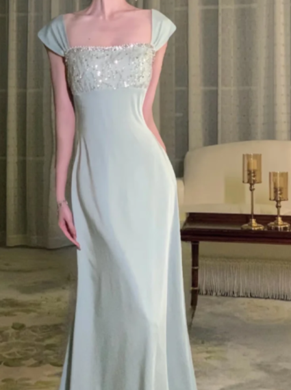 Robe de bal longue élégante en satin à sequins, coupe trapèze, modèle C6888