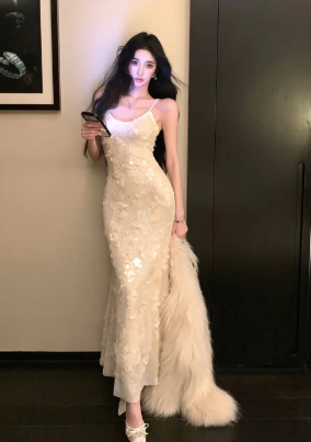 Chic Mermaid Spaghetti Straps Satin Applique Long Prom Dress, Evening Dress C6903
