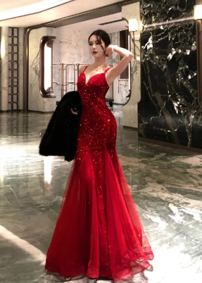 Sparkly Burgundy Mermaid Spaghetti Straps Tulle Sequin Long Prom Dress, Evening Dress C6910