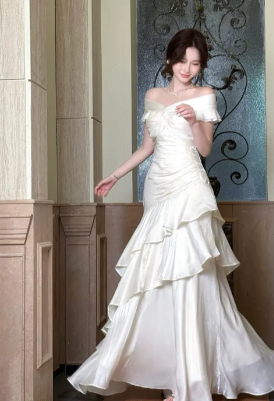 Formal Mermaid Off The Shoulder Tiered Satin Long Prom Dress, Evening Dress C6915