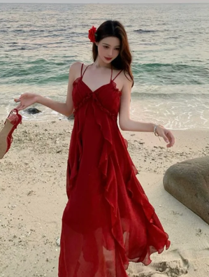 Elegant Burgundy Spaghetti Straps A Line Chiffon Long Prom Dress, Evening Dress C6933